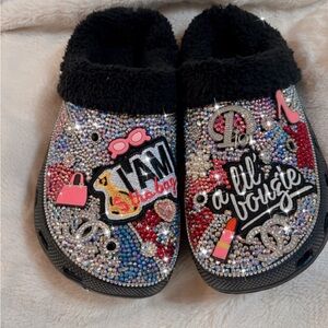 Black Fuzzy Bling Slides